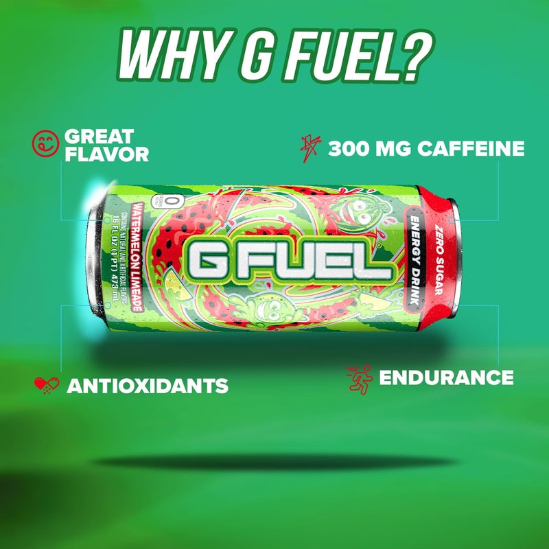 G Fuel Energy Drink, Watermelon, Sugar Free Beverage with 300mg Caffeine, Daily Energy Boost with Focus Amino, Vitamin + Antioxidants, 16 oz Cans (Watermelon Limeade, 12-Pack) - Image 4